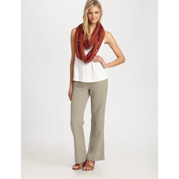 Eileen Fisher Tencel Linen Khaki Trousers Yoke 14 Straight Leg Slacks Pants Tan - Picture 1 of 8